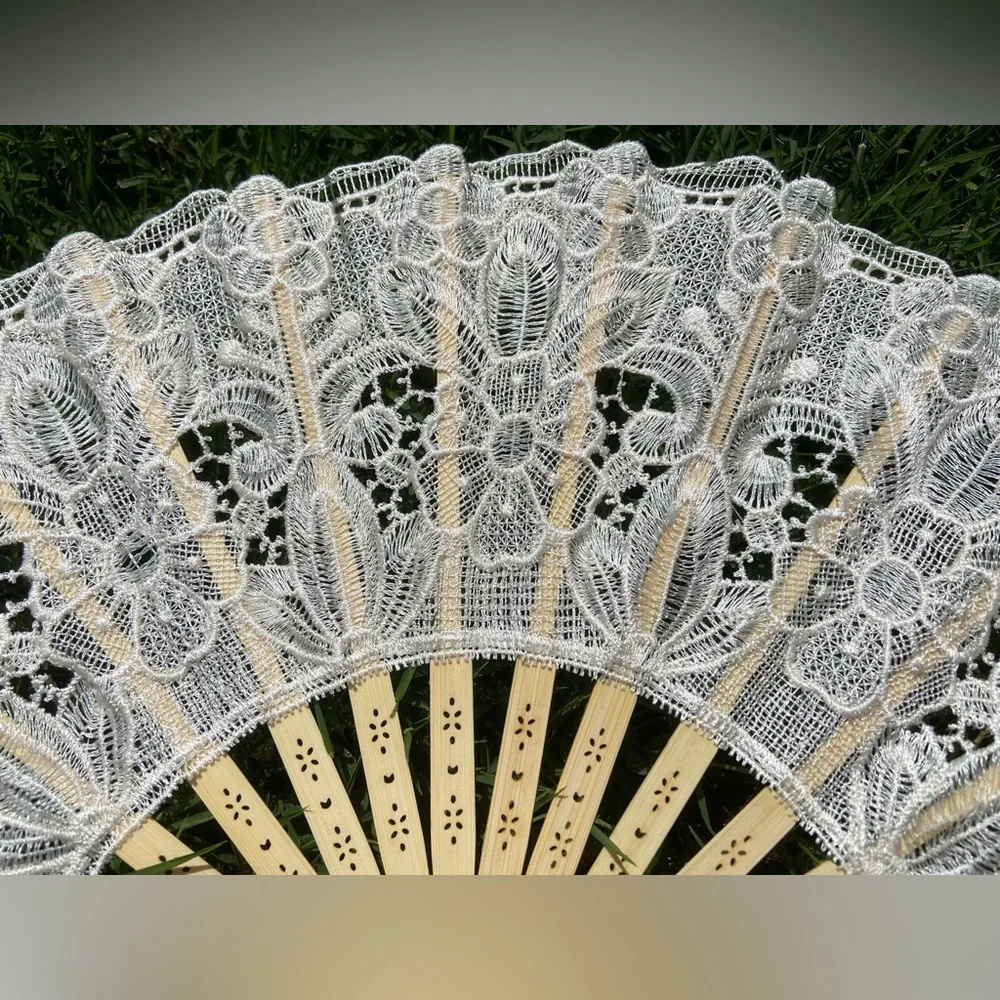 Ivory Lace Fan with Floral Design, Large Beige Lace Fan for Wedding Ceremony